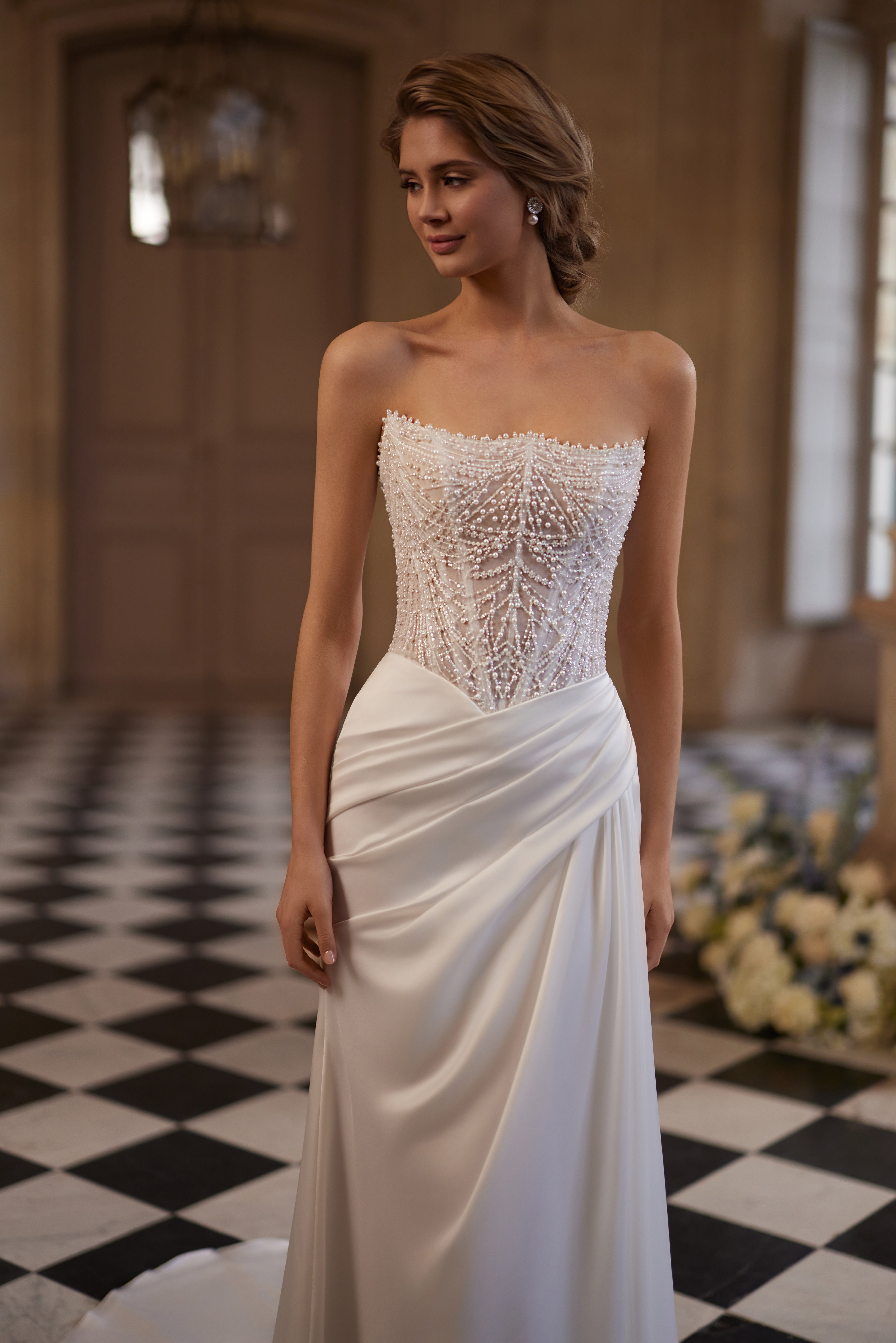 draped corset wedding dress Greta adding lightness and ease Color:White Italian Date Night Dresses Woman Wearing in a