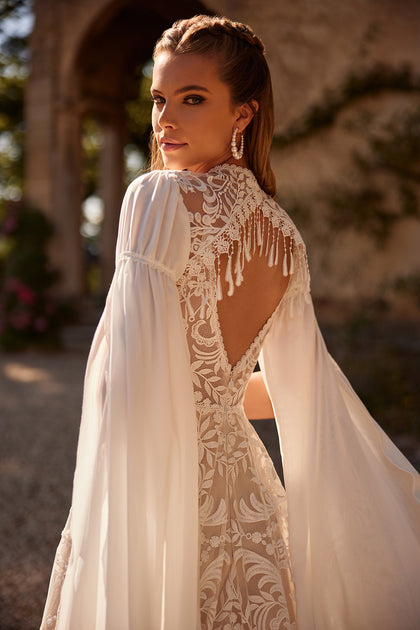 Bohemian wedding dress Cassidy with sleeves for destination wedding from DAMA Couture (back picture)