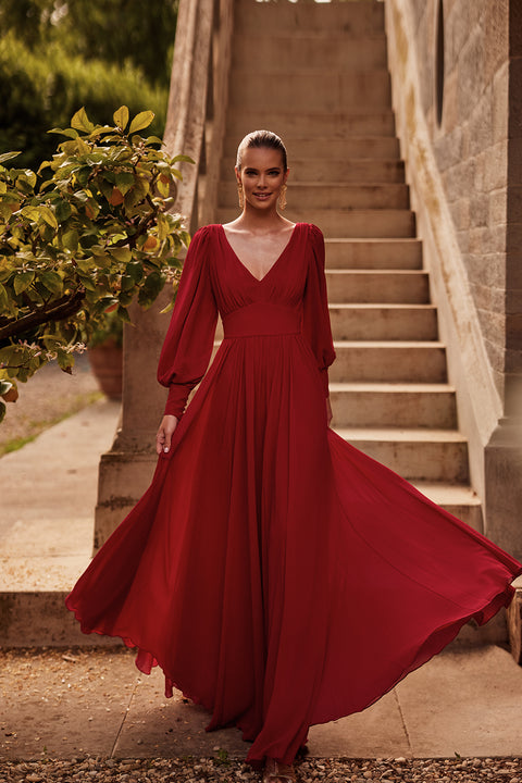 Classic long evening dress deep red with long sleeves Larissa Wine from DAMA Couture (main photo)
