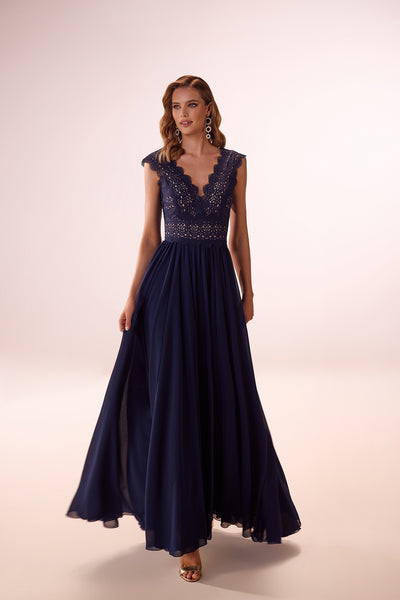 navy blue dama dresses Navy Blue Tulle Lace A-line V-neck Prom Dresses, Long Formal Dresses, MP642