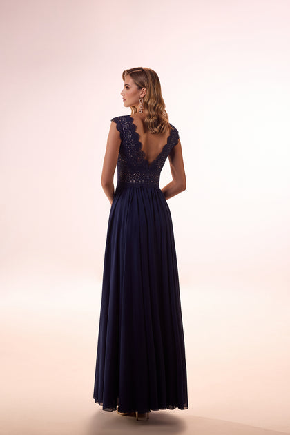 Long classic evening dress Lidia Navy from DAMA Couture (back photo)