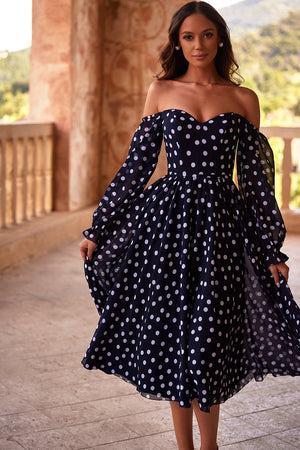 Short classic evening dots dress Malena from DAMA Couture (studio photo)