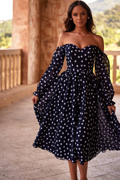 Short classic evening dots dress Malena from DAMA Couture (studio photo)