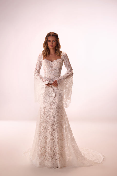 Bohemian lace wedding dress with witch sleeves Maya from DAMA Couture (main studio photo)
