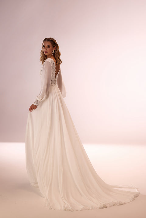 Bohemian chiffon wedding dress with long sleeves Ophelia from DAMA Couture (back photo)