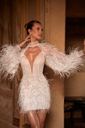 Short trendy wedding dress with feathers and bolero Viva from DAMA Couture (additional bolero photo)