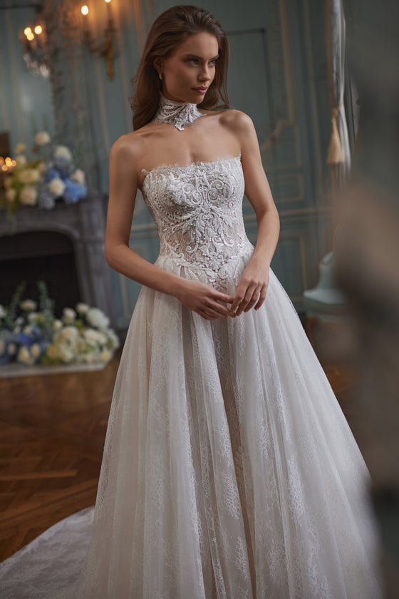Lace choker above the strapless Barbarella corset, shown in a half-length front view