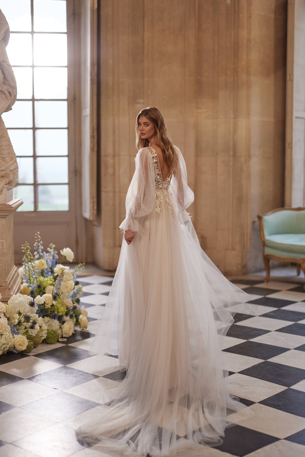 blair blue wedding dress - feather trim, V-back Blair gossip