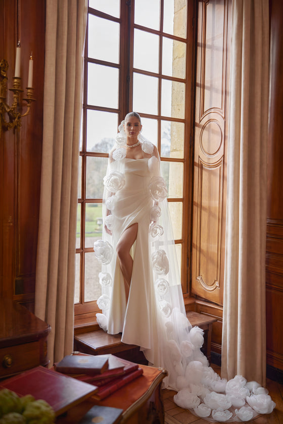 Calliope veil - long tulle veil with a lace-trimmed edge, worn with the Calliope wedding dress.