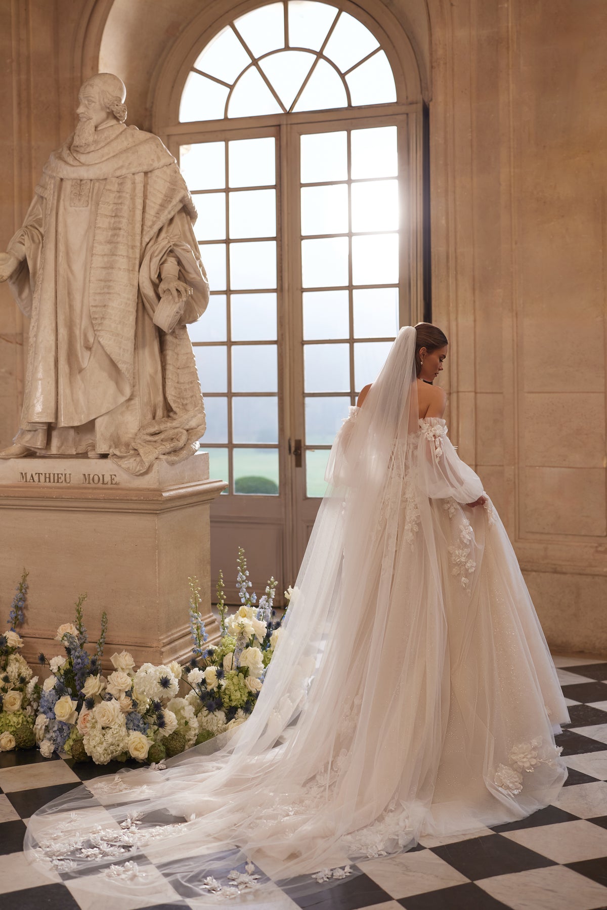 Celestine veil - soft tulle veil framing the shoulders, worn with the Celestine wedding dress.