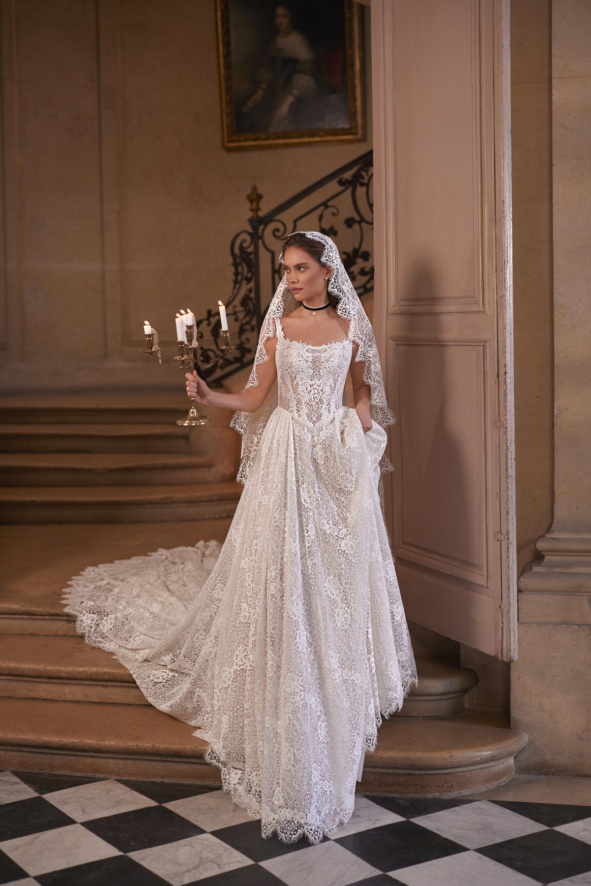 Chantira veil - long veil with an embroidered edge, worn with the Chantira wedding dress.