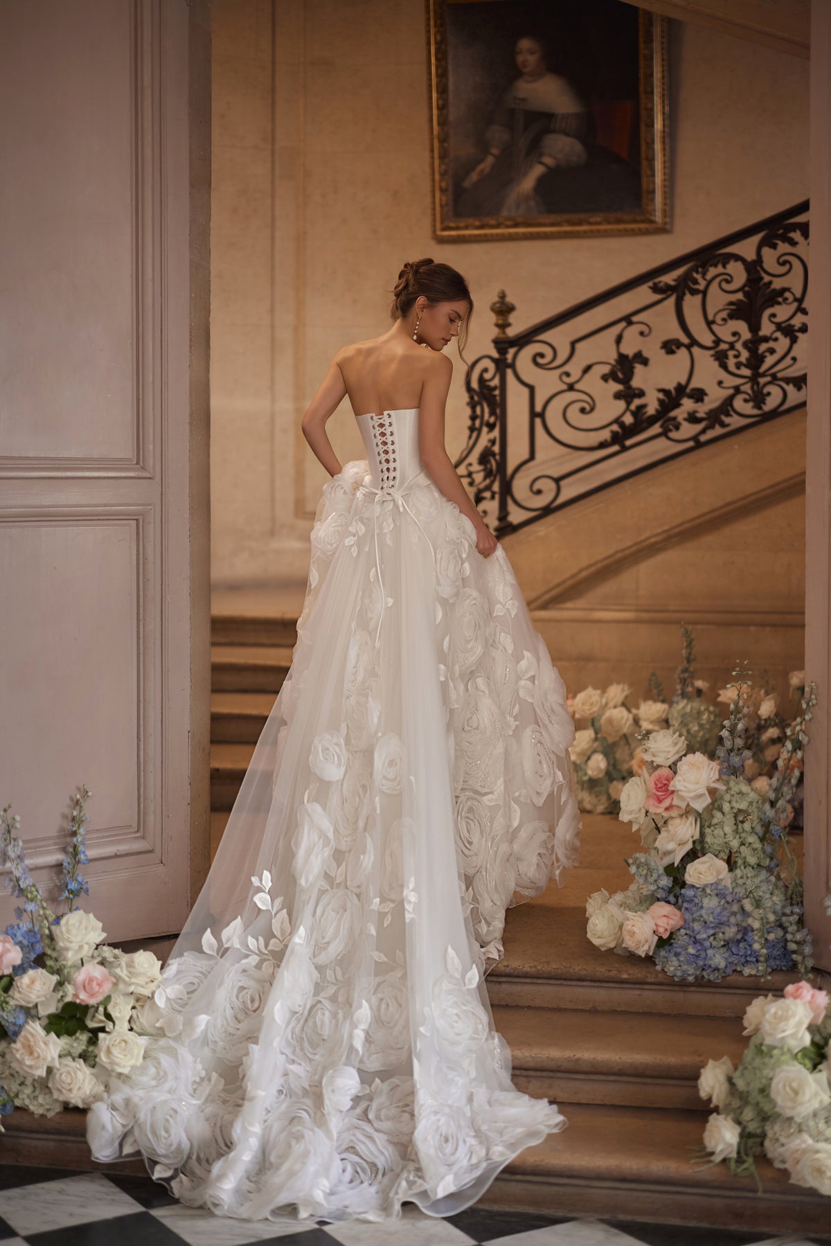 Cornellia corset + skirt from the Something Blue 2027 collection – an asymmetrically draped corset and voluminous layered skirt.