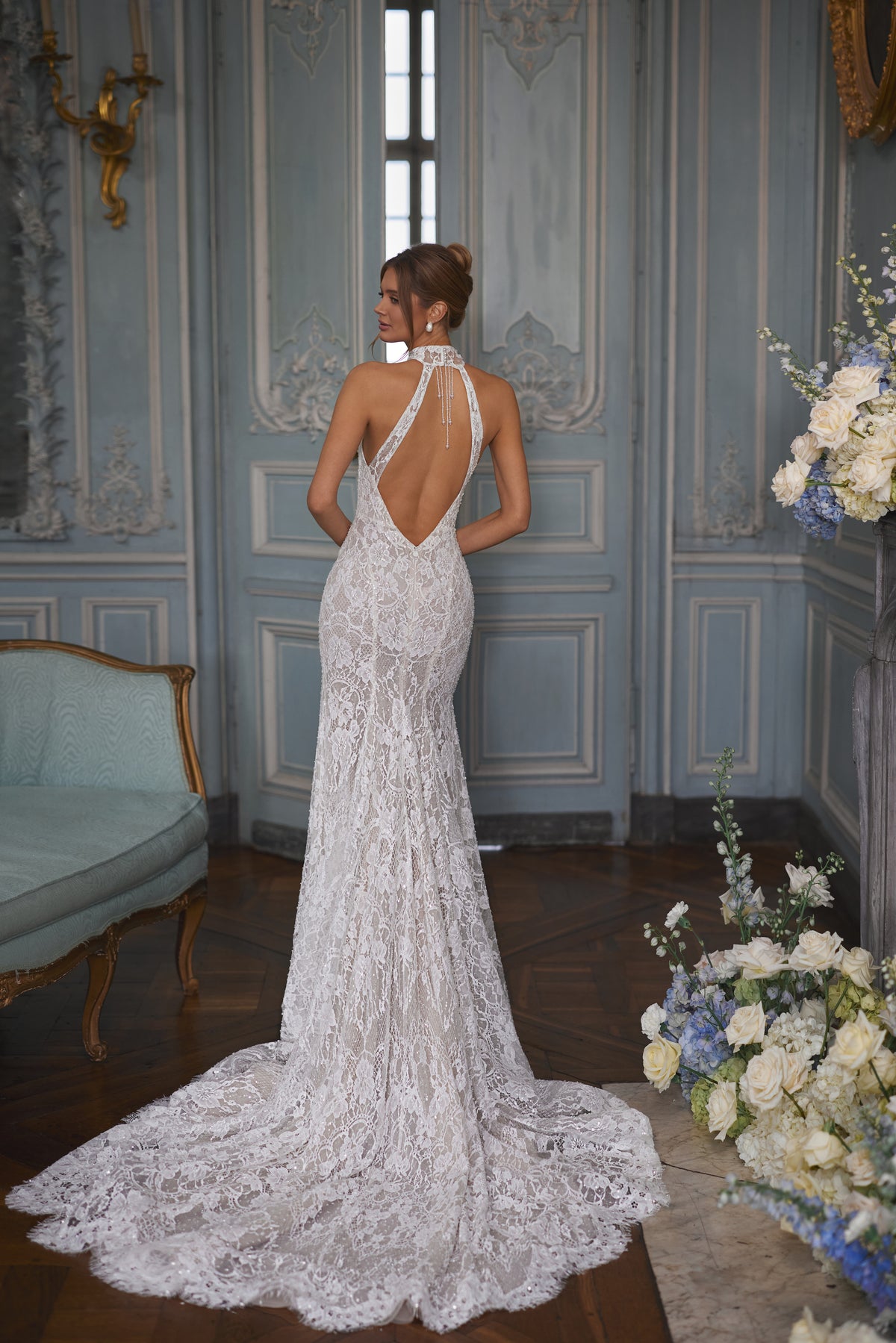 Maraya wedding dress from the Something Blue 2027 collection – a halter neckline and figure-tracing lace.