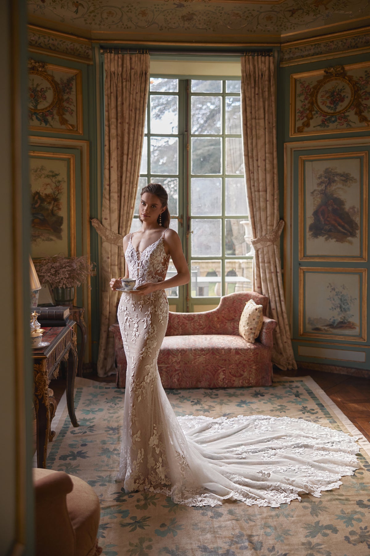 Ondine wedding dress – a plunging V-neckline and deep illusion scoop back, DAMA Couture Something Blue 2027.