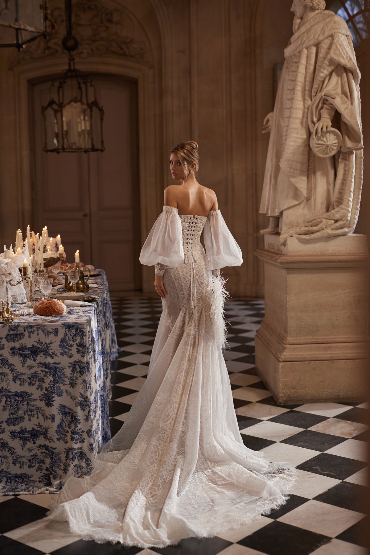 Tara corset + Thea mermaid skirt – a structured Tara corset with off-the-shoulder sleeves and the Thea mermaid skirt, DAMA Couture Something Blue 2027.