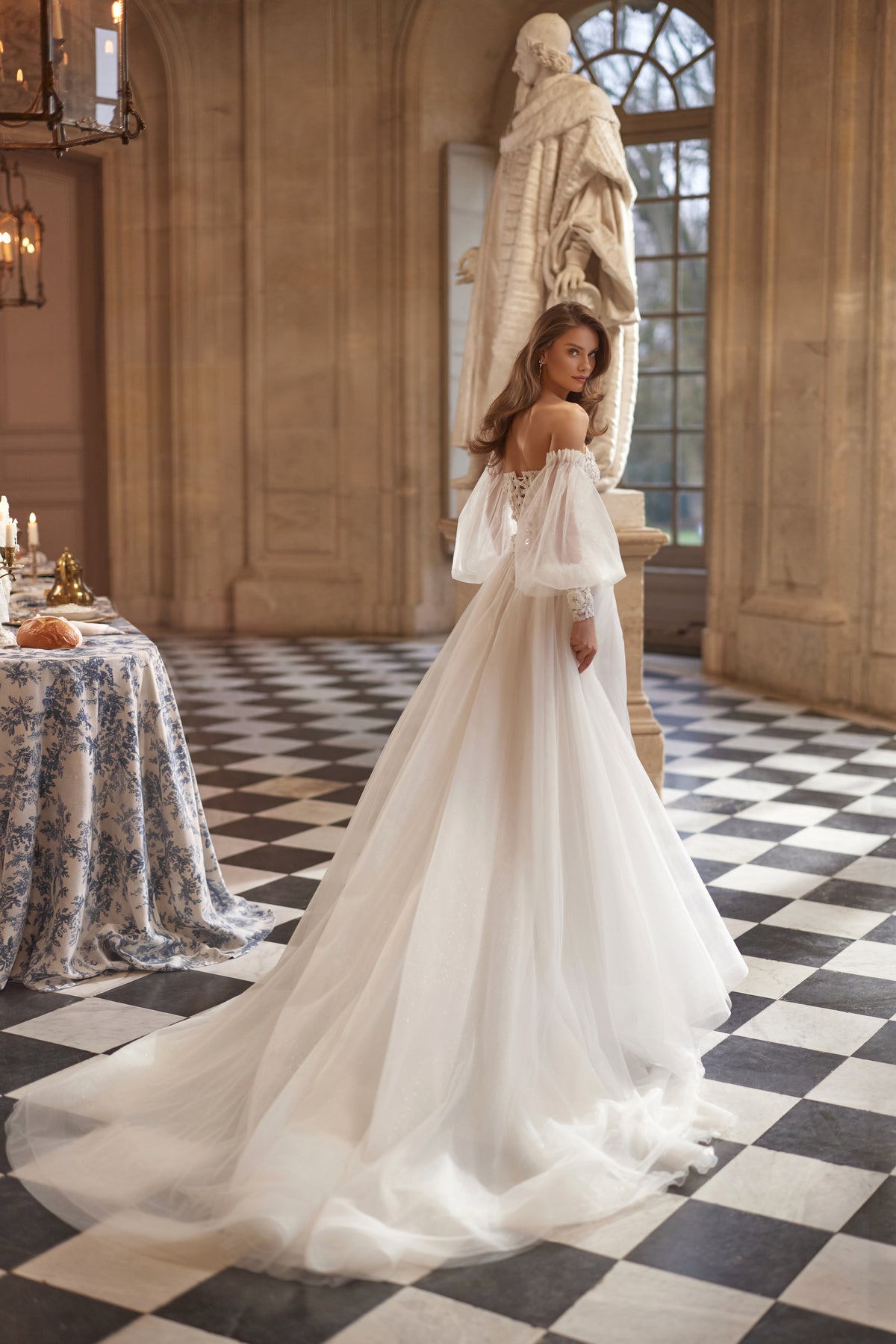 Tara corset + Tilda A-line skirt – a structured Tara corset with off-the-shoulder sleeves and the Tilda A-line skirt.