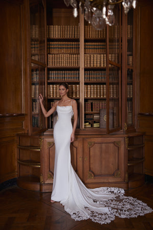 Valerie wedding dress – spaghetti straps and a softly draped cowl neckline, DAMA Couture Something Blue 2027.