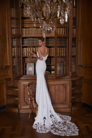 Valerie wedding dress from the Something Blue 2027 collection – spaghetti straps and a softly draped cowl neckline.