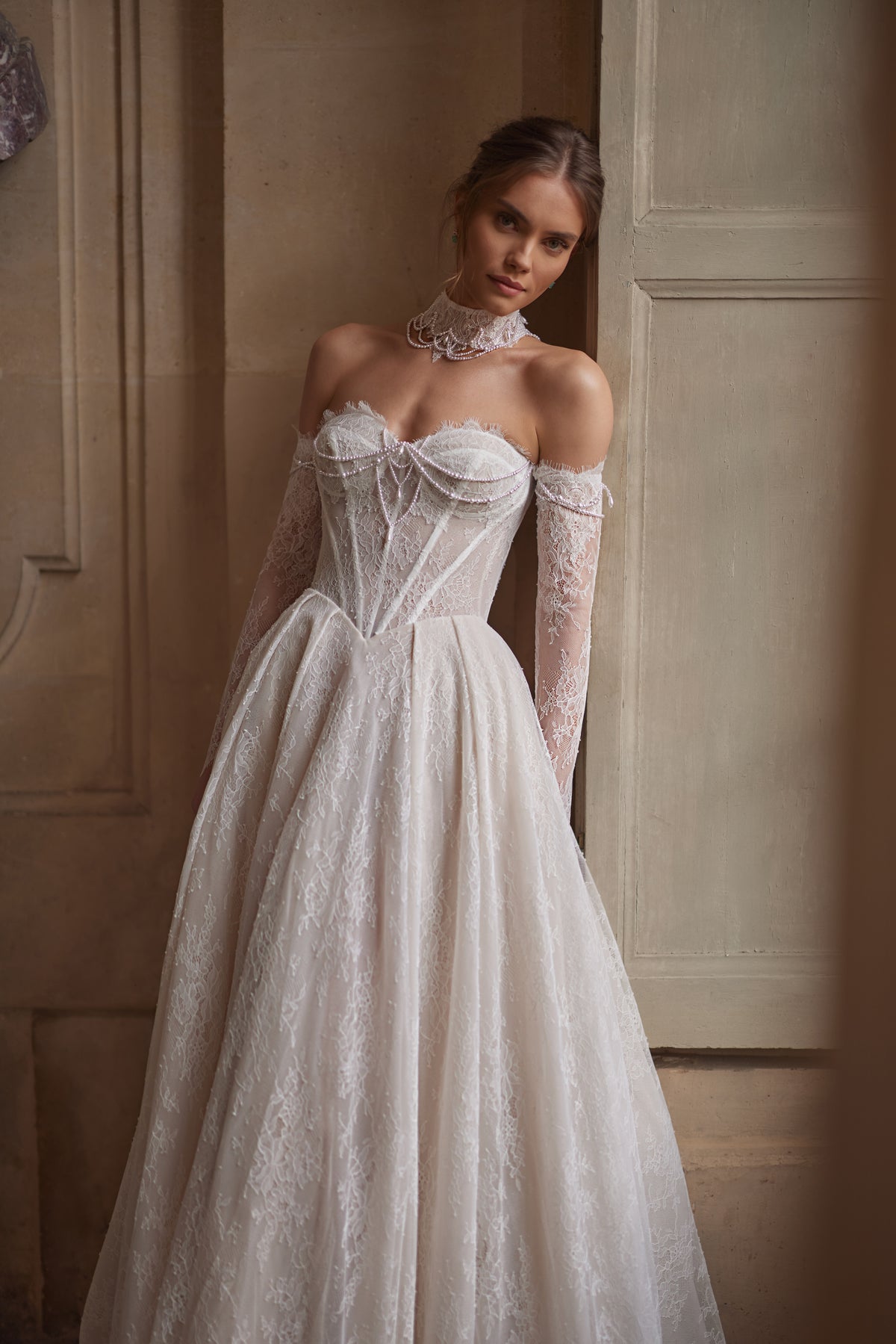 Blanche wedding dress – a beaded corset, soft lace skirt and off-the-shoulder sleeves, DAMA Couture Something Blue 2027.
