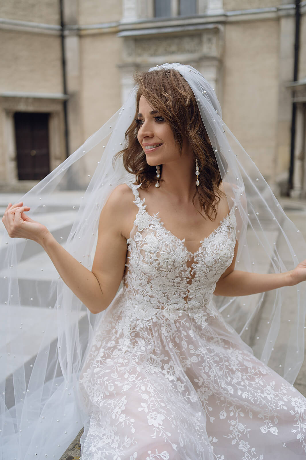 Cathedral pearl veil – cathedral wedding veil in motion.