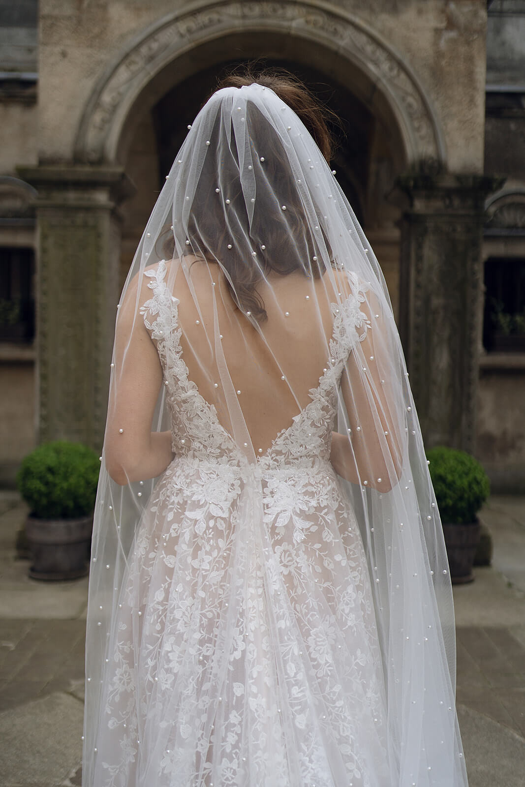 Cathedral pearl veil – detail of the cathedral wedding veil.