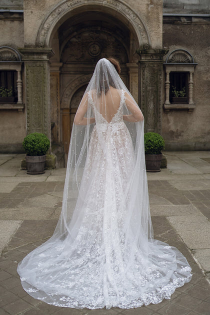 pearl veil with lace dress Cathedral pearl veil