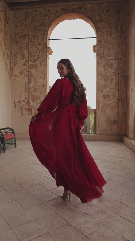 Classic long evening dress deep red with long sleeves Larissa Wine from DAMA Couture (secondary video)