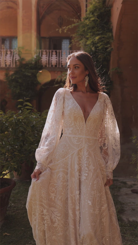 Bohemian lace a line wedding dress with sleeves Noya from DAMA Couture secondary video