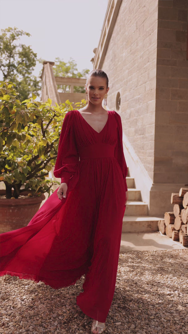Classic long evening dress deep red with long sleeves Larissa Wine from DAMA Couture (campaign video)